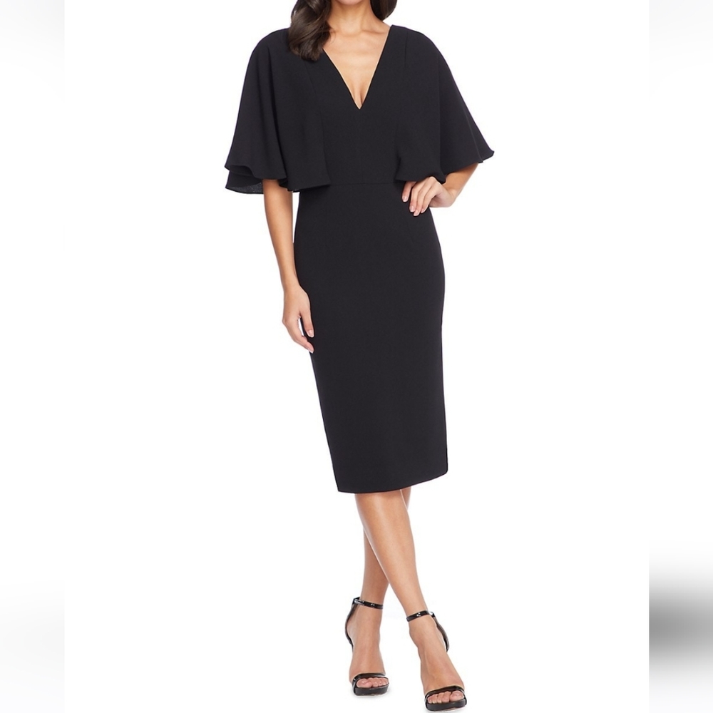 Dress the Population Black V-Neck Flutter Sleeve Cape Midi Dress